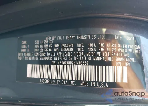 2011 Subaru Tribeca 3.6R Limited z USA, uszkodzony, nr VIN 4S4WX9HD2B4403566